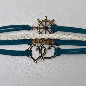 Teal Handmade Multilayer Lthr Bracelet / Love, Hearts, Nautical Steering Wheel